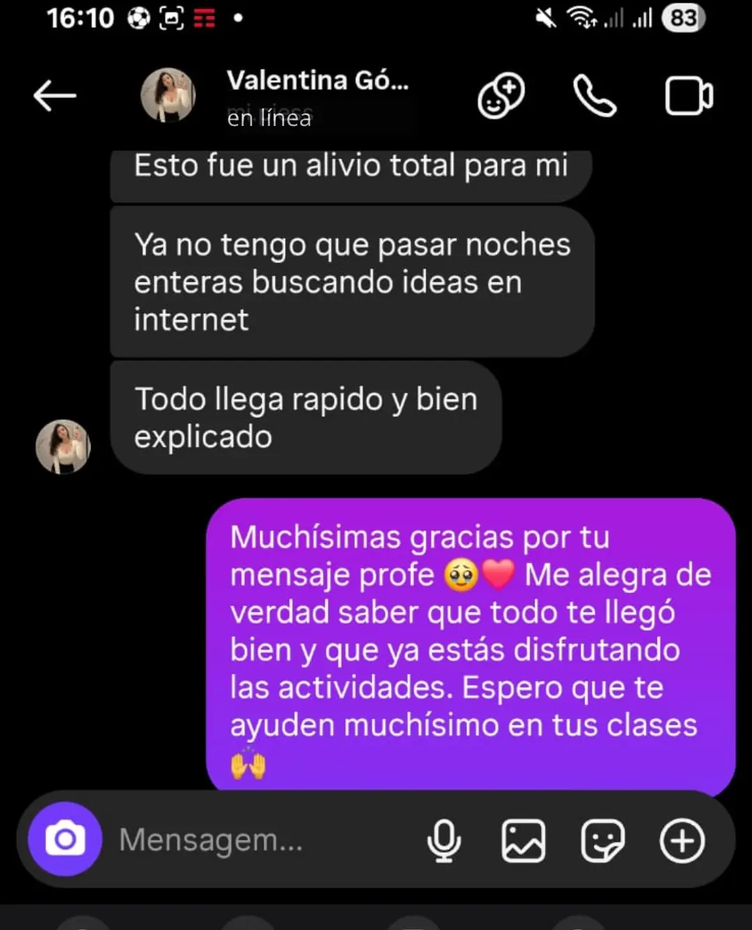 Mensaje de una profesora que usa Clase Exprés